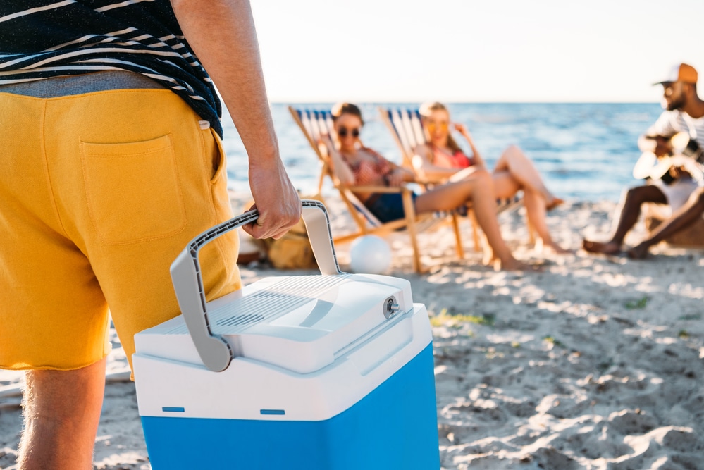 A man holds a cooler while his friends relax on the sand